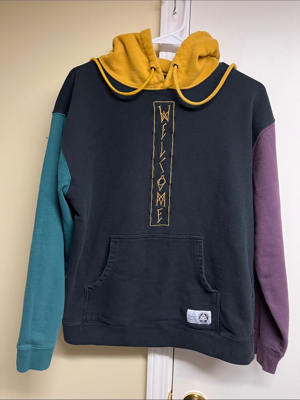Black Multi-Color Hooded Sweatshirt with Mustard Lined Hood